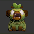 Cartoon Creature 3D Model with Green Body Yellow Face Big Eyes and Leaf Decoration