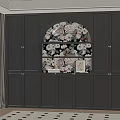 Stylish Black Full Wall Bookcase With Arched Open Shelves And Vintage Floral Backdrop Decor