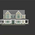 Detailed 3D Residential House Model With Gabled Roofs Green Lawn And Porch