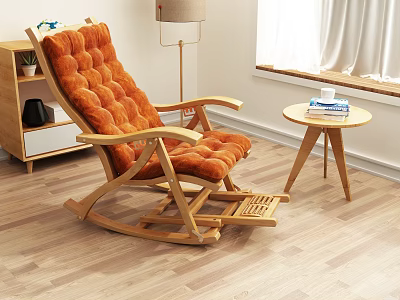Orange Plush Rocking Chair With Wooden Frame And Side Table Near Window 3d model