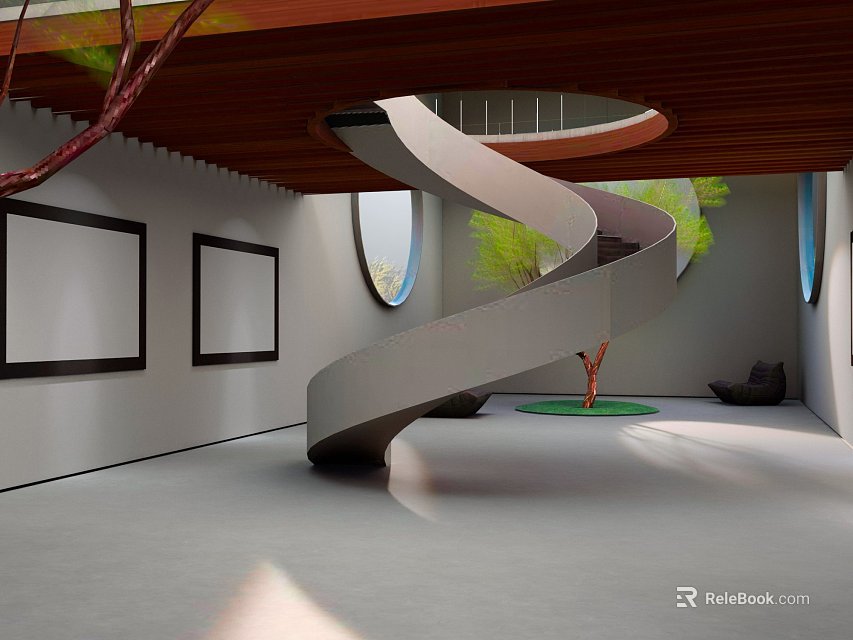Modern Spiral Staircase Interior With Wooden Ceiling Circular Windows And Green Plants 3d model 