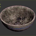 Antique Sculpture Carving Bowl With Grayish Black Surface Worn Edges And Blue Stripes Around Rim
