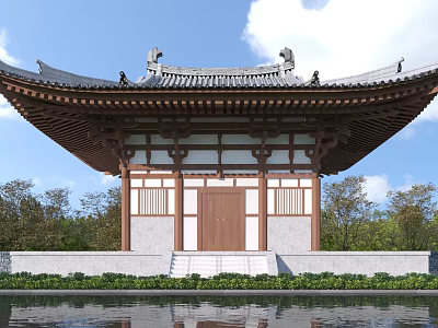 Ancient Architecture With Classic Curved Roof Wooden Door Stone Steps And Reflecting Pond 3d model