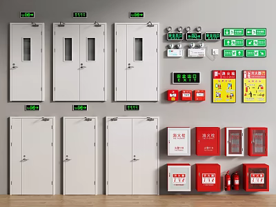 Fire Safety Equipment and Devices with Cabinets Warning Signs and Red Boxes 3d model