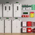 Fire Safety Equipment and Devices with Cabinets Warning Signs and Red Boxes