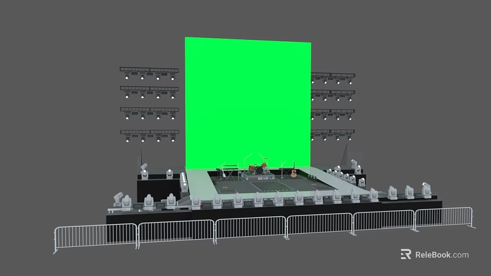 Performance Stage Setup With Green Screen Lighting Rigs And Safety Barriers 3d model 