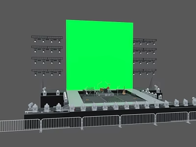 Performance Stage Setup With Green Screen Lighting Rigs And Safety Barriers 3d model