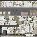 Stylish Kitchen Utensils on Marble Countertop with Coffee Machine Wooden Cutting Board Coffee Packets and Bottles