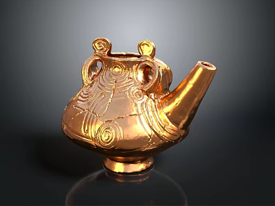 Golden Teapot Shaped Sculpture with Intricate Patterns and Decorative Handles on Stable Base 3d model
