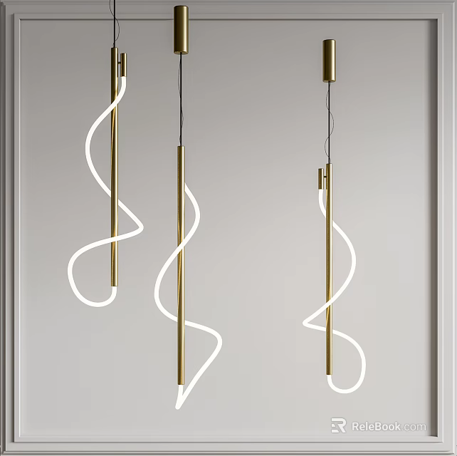 Modern Pendant Lights With Golden Metal Rods And Curved White Light Design 3d model 