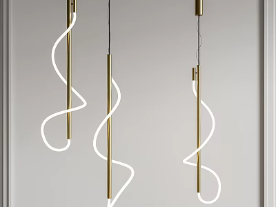 Modern Pendant Lights With Golden Metal Rods And Curved White Light Design 3d model