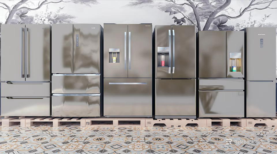 Silver Refrigerators and Freezers Arranged on Pallets with Wall Mural and Patterned Tile Floor 3d model 