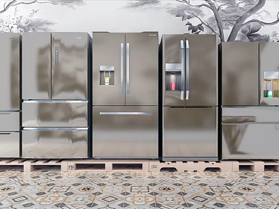 Silver Refrigerators and Freezers Arranged on Pallets with Wall Mural and Patterned Tile Floor 3d model