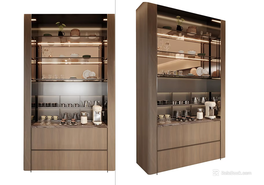 Modern Elegant Wine Cabinet With Glass Doors And Wooden Frame Displaying Wine Glasses And Bottles 3d model 