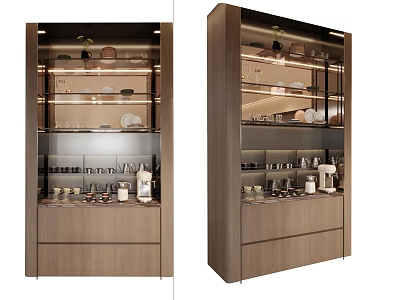 Modern Elegant Wine Cabinet With Glass Doors And Wooden Frame Displaying Wine Glasses And Bottles 3d model