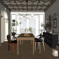 Elegant Restaurant Dining Space With Wooden Table Chairs Decorative Wall Art Patterned Ceiling And Herringbone Floor