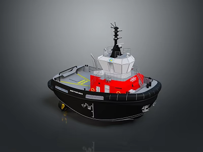 Black Red Tugboat Model With White Cabin Antenna and Deck Features 3d model