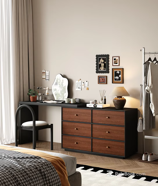 Black Dresser With Mirror Top Table Lamp Aromatherapy Mugs Side Chair White Cushion Wall Art 3d model 