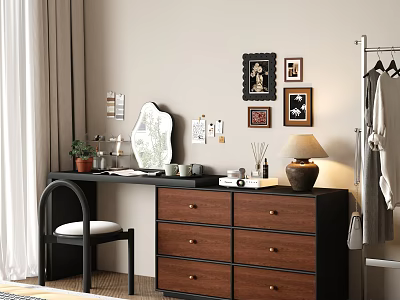 Black Dresser With Mirror Top Table Lamp Aromatherapy Mugs Side Chair White Cushion Wall Art 3d model