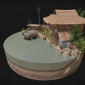 Cartoon Rural Scene With Thatched Roof Huts Wooden Cart And Green Trees