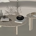 Modern Round Coffee Table With Beige Sofa Side Table Dried Branches Books And Scented Bottle