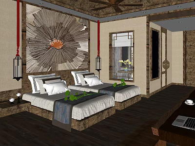 Hotel Guest Room Featuring Chinese Style Twin Beds Wooden Decor And Green Plants 3d model