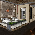 Hotel Guest Room Featuring Chinese Style Twin Beds Wooden Decor And Green Plants