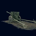 Vintage Green Cannon With Barrel Wheels And Protective Cabin On Dirt Ground Black Background