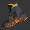 High Top Blue Shoes With Yellow Orange Accents And Flame Patterned Sole