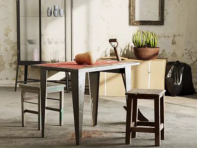 Rustic Dining Table Set With Wooden Stools Pumpkin And Potted Plant Near Weathered Wall 3d model