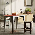 Rustic Dining Table Set With Wooden Stools Pumpkin And Potted Plant Near Weathered Wall
