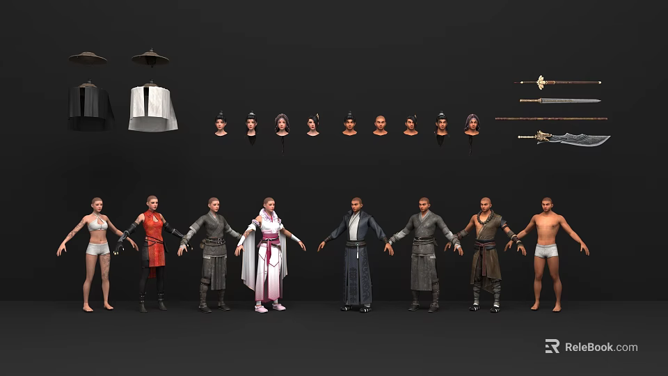 Diverse 3D Male Character Models With Various Costumes Head Models And Weapons 3d model 