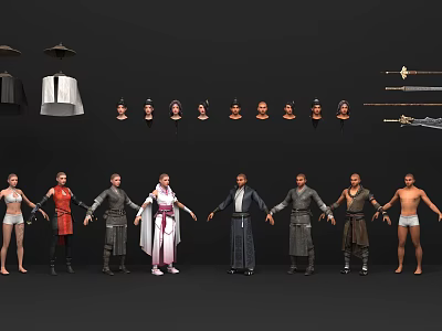 Diverse 3D Male Character Models With Various Costumes Head Models And Weapons 3d model