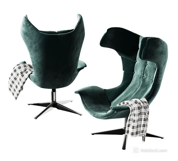 Modern Emerald Green Accent Chair with Unique Back Design Metal Star Base and Checkered Blanket 3d model 