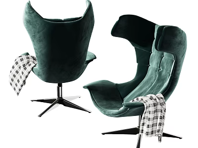 Modern Emerald Green Accent Chair with Unique Back Design Metal Star Base and Checkered Blanket 3d model