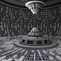 Futuristic Architectural Interior Featuring Circular Structure Vertical Pillars Central Platform And Ceiling Fixture