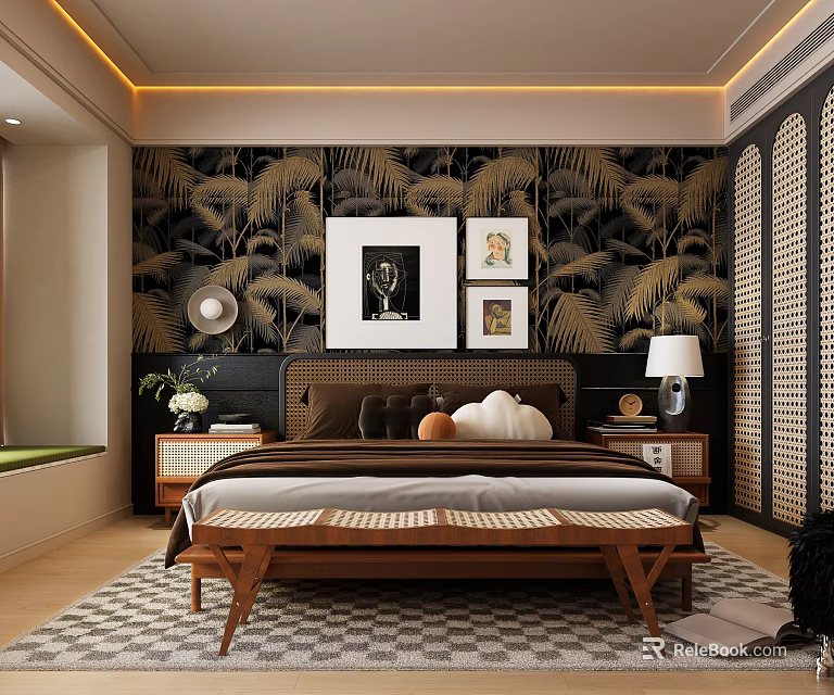 Modern Bedroom Interior With Palm Leaf Wallpaper Framed Artworks Table Lamp And Wooden Bench 3d model 