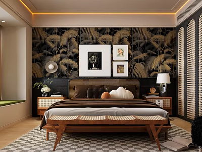 Modern Bedroom Interior With Palm Leaf Wallpaper Framed Artworks Table Lamp And Wooden Bench 3d model
