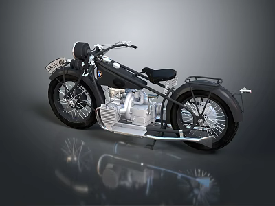 Classic Motorcycle In Black And Silver With Vintage Engine Details And Reflective Studio Background 3d model