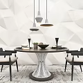 Round Dining Table Set With Black Chairs Geometric Wall And Pendant Lights 3d model