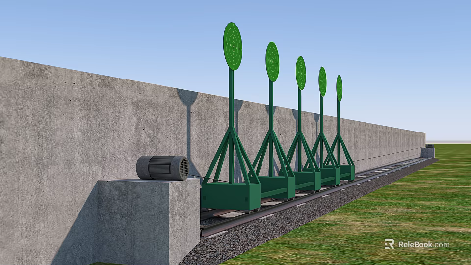 Green Sports Equipment With Circular Targets On Stands Along Gray Wall And Grass Gravel Ground 3d model 