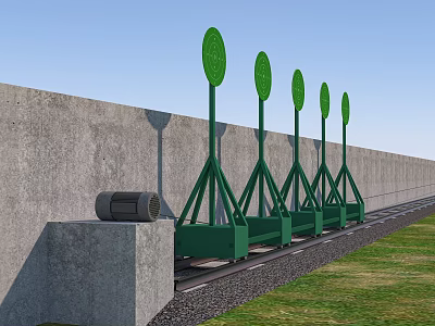Green Sports Equipment With Circular Targets On Stands Along Gray Wall And Grass Gravel Ground 3d model