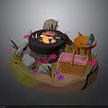 Cozy Outdoor Picnic Setup With Campfire Picnic Basket Wooden Chair Flowers And Stones