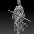 Woman Standing In Red Robe Holding Sword With Grey Robed Statue