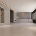 Modern Showroom Interior With Wooden Slat Walls Reception Counter Purple Sculpture And Orange Ceiling Lights