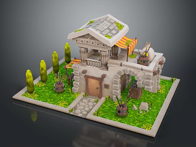 Scenic Greek Styled Building Garden Landscape With Green Lawn Trees Clay Pots And Stone Path 3d model