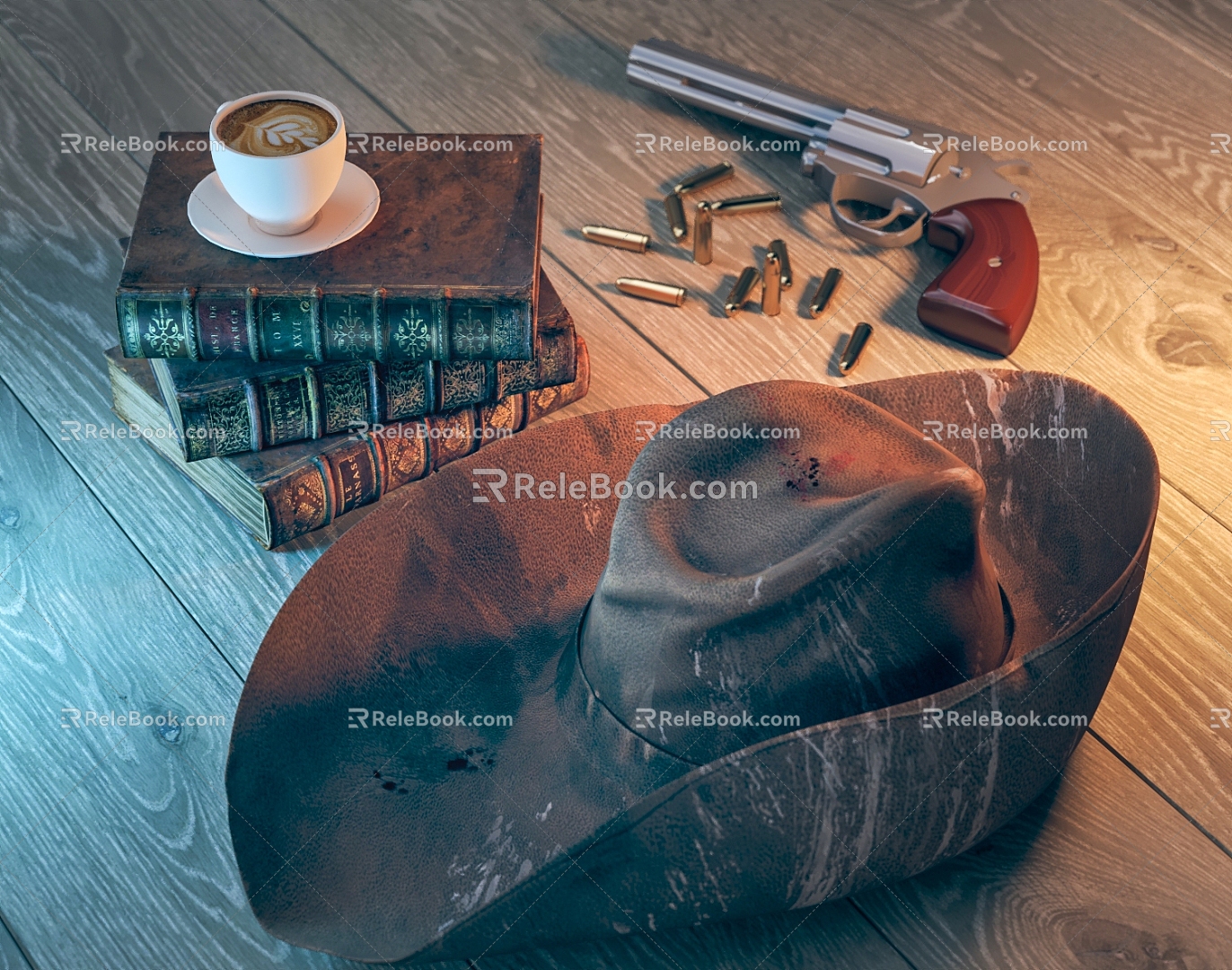 Cowboy Hat Ancient Books Coffee Revolver Punk Denim Wood Floor Decorations 3d model