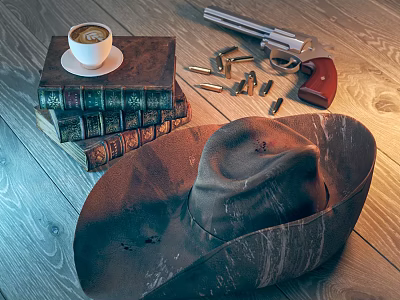 Vintage Ornament Collection With Cowboy Hat Revolver Bullets Coffee Old Books On Wooden Floor 3d model
