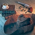 Cowboy Hat Ancient Books Coffee Revolver Punk Denim Wood Floor Decorations 3d model