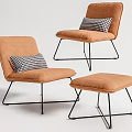 Orange Leisure Chair with Checkered Pillow Black Metal Legs and Orange Ottoman